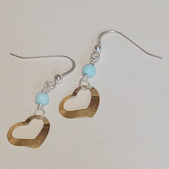 Turquoise ~ 14K YG Vintage Heart and Sterling Silver Earrings - Picture 9 of 14